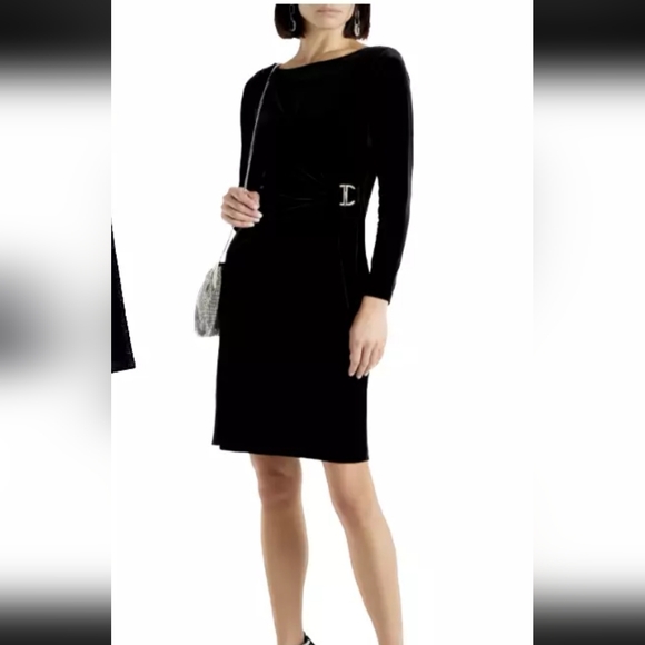 DKNY Women's Velvet Wrap Black Long Sleeved Dress Gathered Embellished Size 14 - Picture 9 of 9